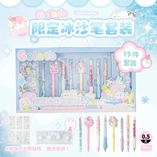 RosyPosy Tutubyebye 8pcs 0.5mm Black Ink Pens with Sticker and Pencil Bag Stationery Set - Image 5